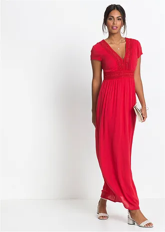 Maxi zomerjurk met kant, korte maat • aardbeirood • bonprix online shop