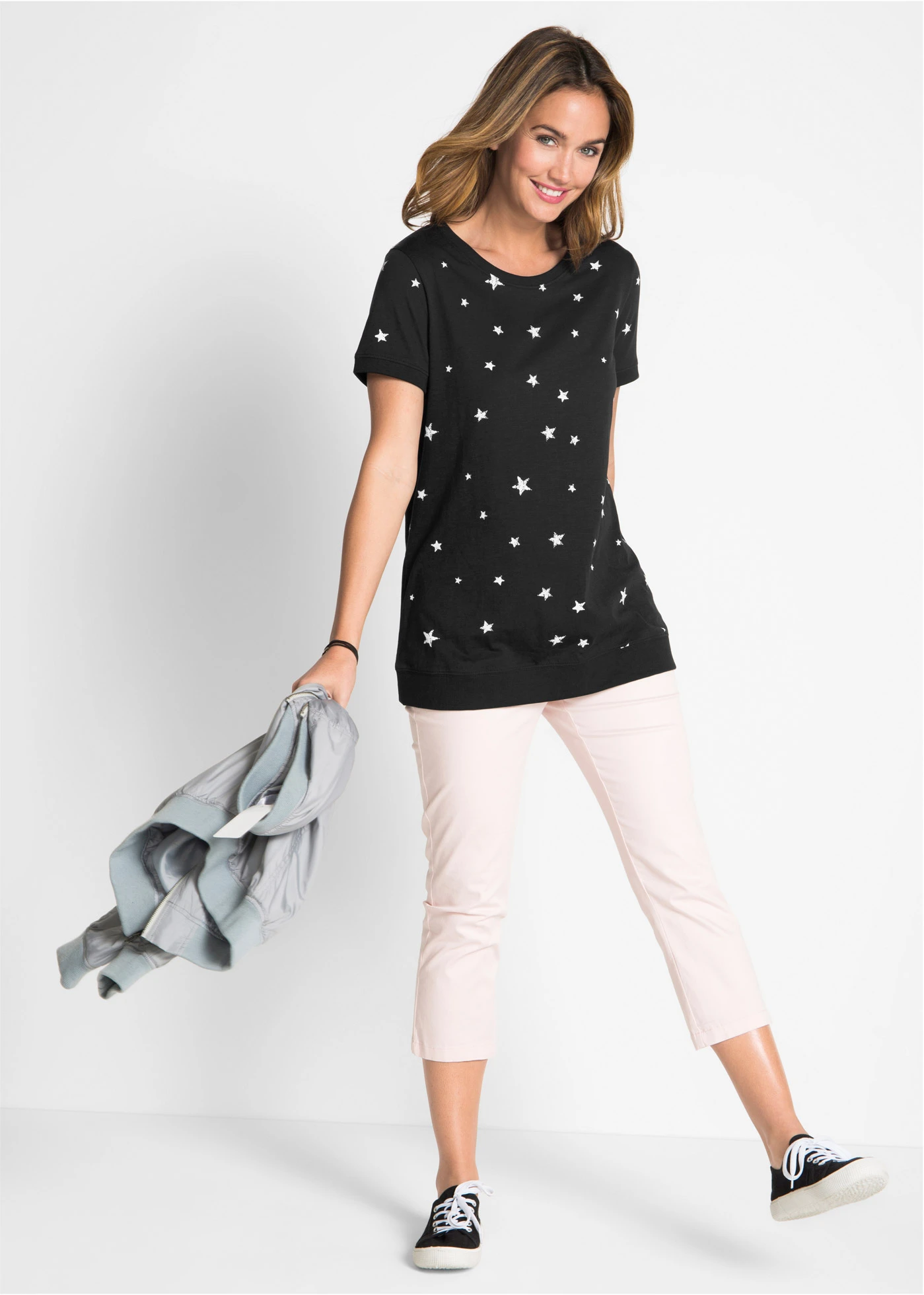 Licht katoenen shirt, halflange mouw • zwart gedessineerd • bonprix online shop