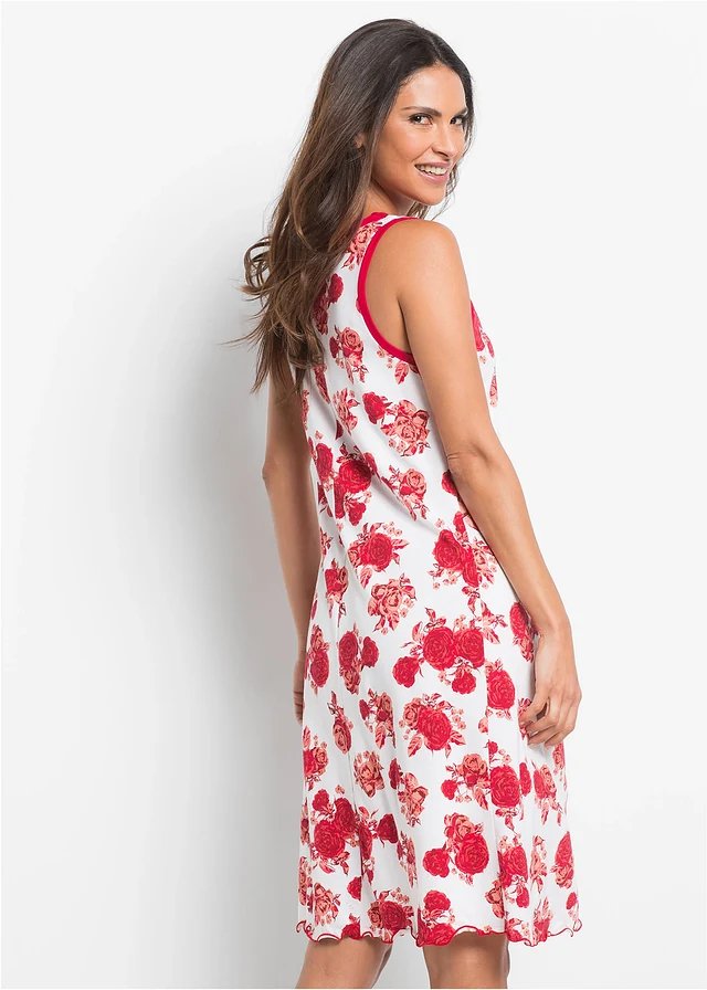 Nuisette courte et douce en viscose mélangée, Couleur: blanc/rouge floral