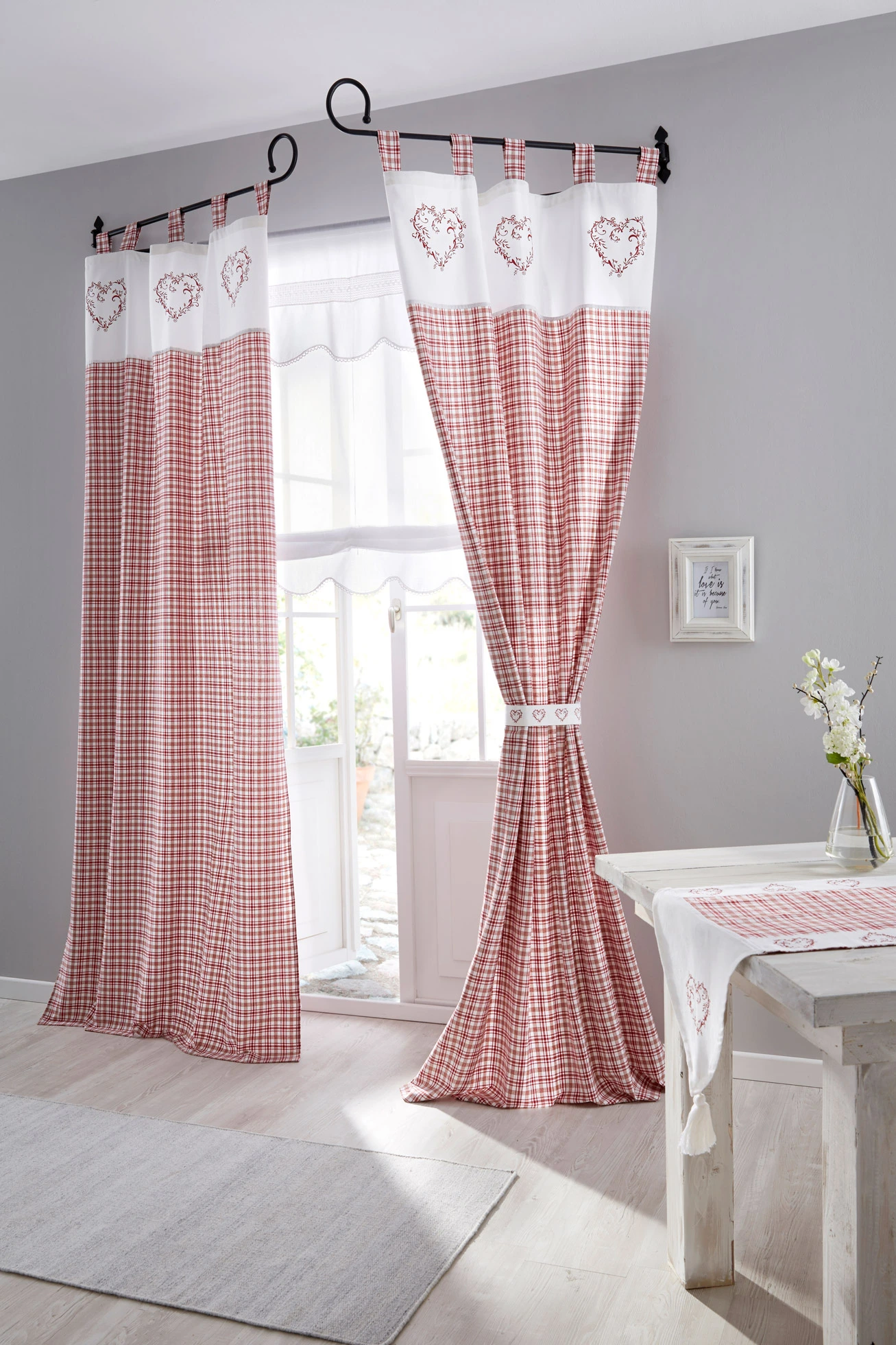 Draperie din bumbac organic, cu bentiță de drapare (1 buc.) • roșu cadrilat • magazin bonprix