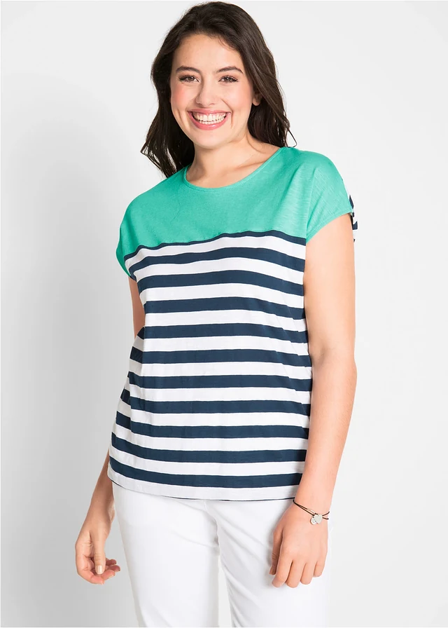 T-shirt en coton flammé, Couleur: bleu menthol rayé