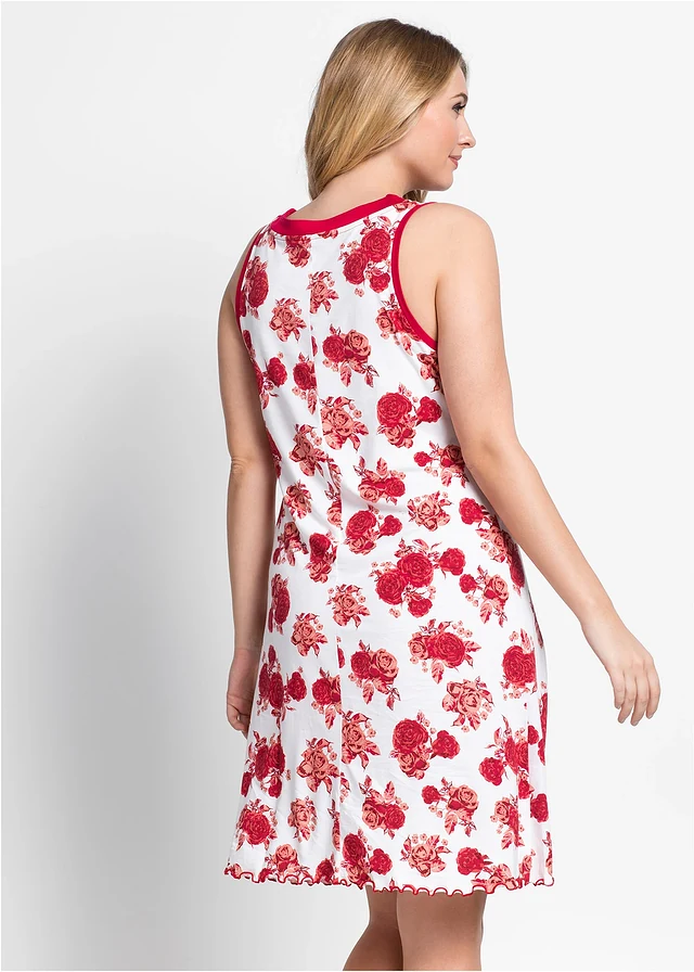 Nuisette courte et douce en viscose mélangée, Couleur: blanc/rouge floral