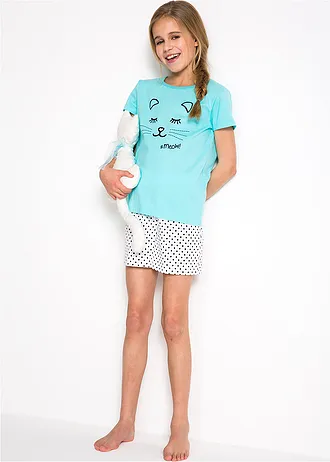 Meisjes shortama van biologisch katoen (2-dlg. set), Kleur: aqua-wit