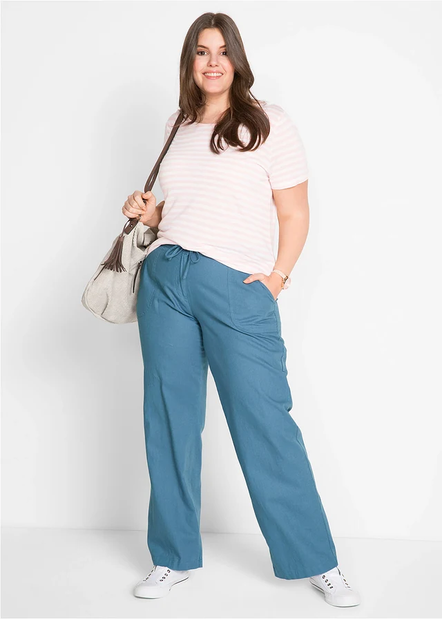 Wijde broek met linnen, Kleur: jeansblauw