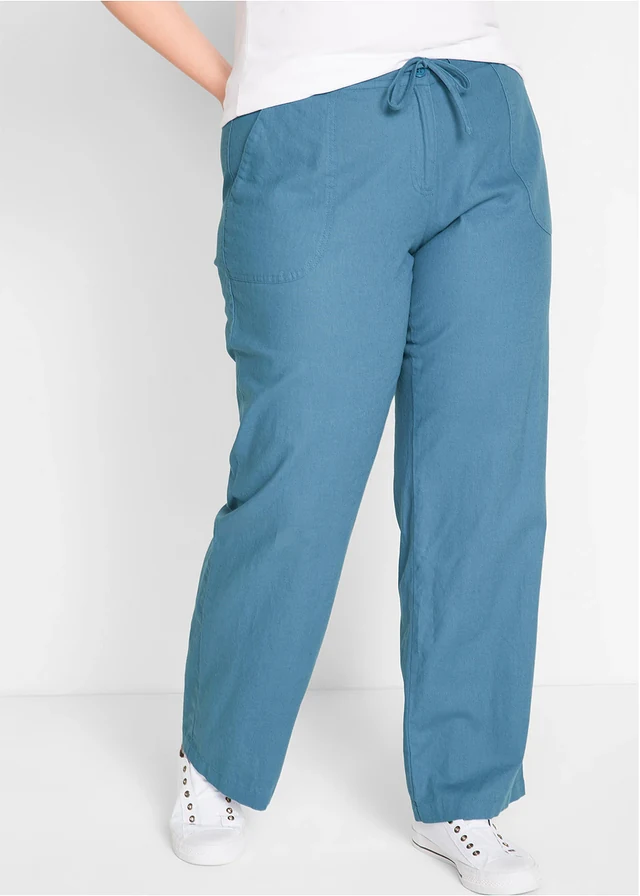 Wijde broek met linnen, Kleur: jeansblauw
