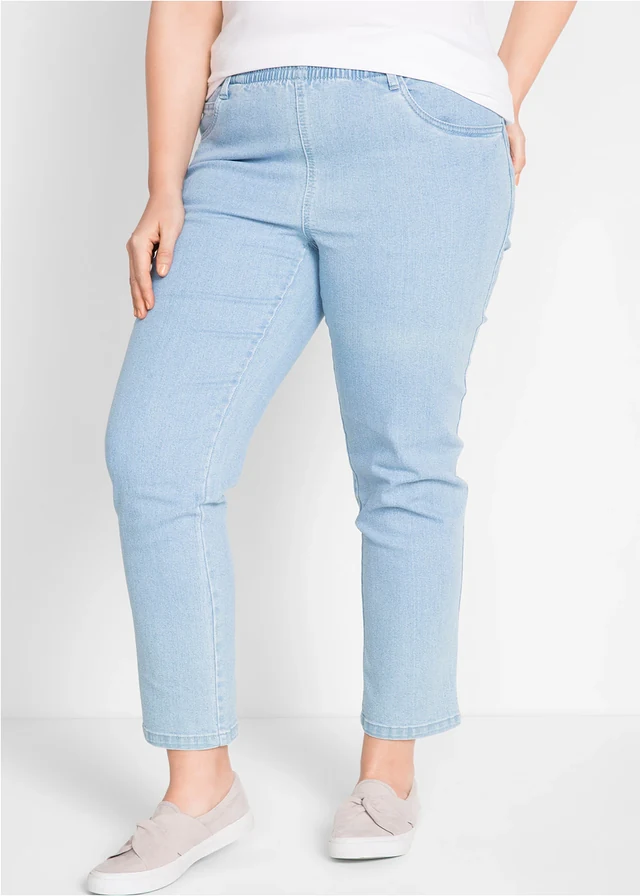 Mid waist jeans met comfortband, straight (set van 2), Kleur: wit+lichtblauw denim