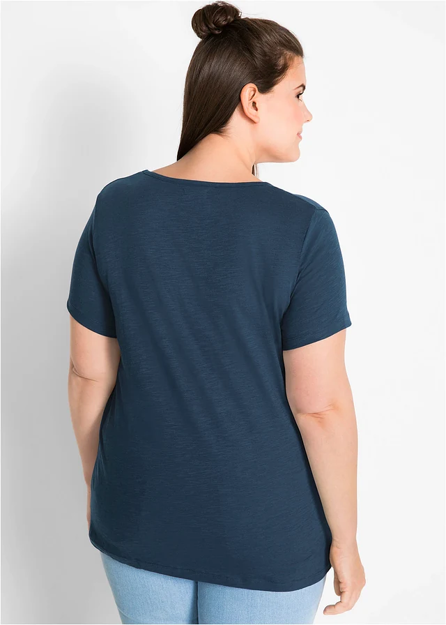 T-shirt coton en fil flammé, manches courtes, Couleur: bleu foncé