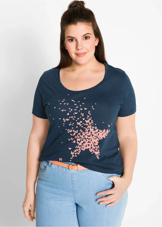 T-shirt coton en fil flammé, manches courtes, Couleur: bleu foncé
