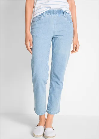 Lot de 2 pantalons 7/8 droits, taille mi-haute élastiquée, Couleur: blanc+bleu clair denim