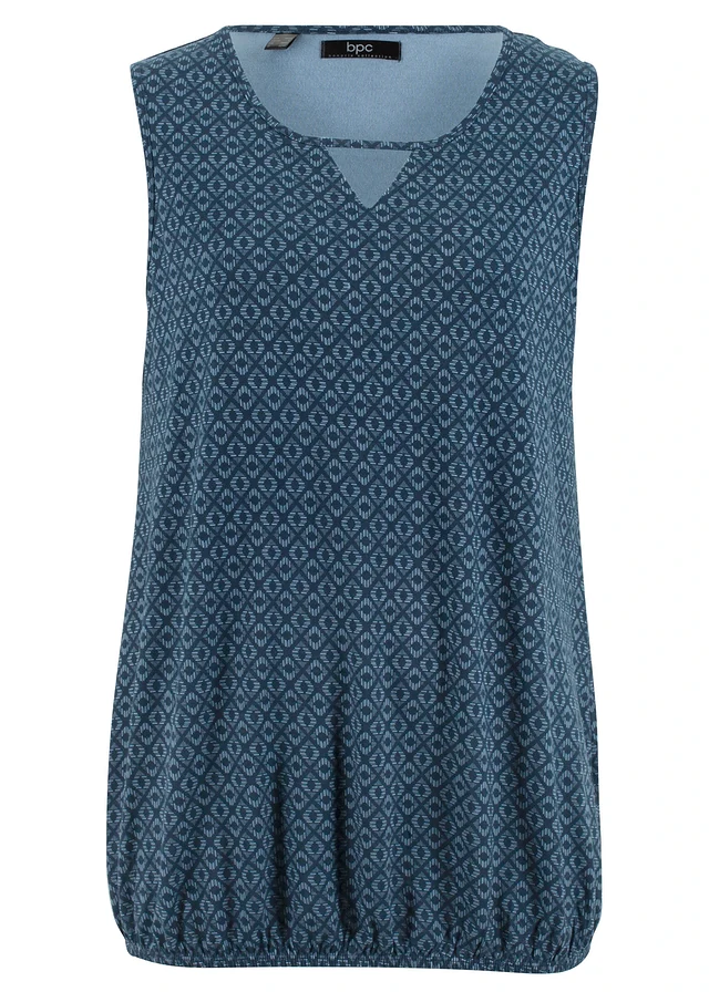 Top met elastiek, Kleur: donkerblauw gedessineerd