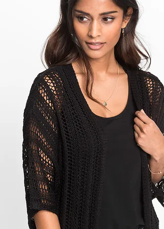 Dlouhý pletený kabátek s dírkovaným vzorem • černá • bonprix obchod