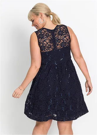 Kanten jurk met geborduurde pailletten, Kleur: donkerblauw