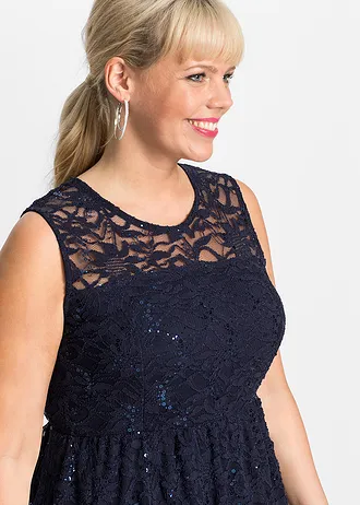 Kanten jurk met geborduurde pailletten, Kleur: donkerblauw