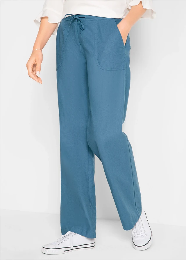 Pantalon large en lin et coton, Couleur: bleu jean