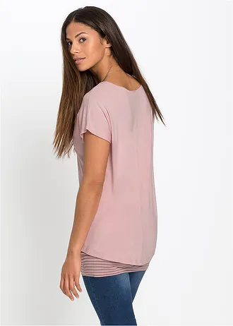 T-shirt long en viscose douce et extensible, Couleur: vieux rose-gris fumé rayé