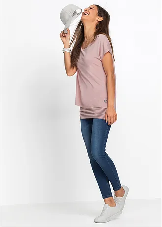 T-shirt long en viscose douce et extensible, Couleur: vieux rose-gris fumé rayé