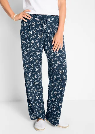 Pantalon palazzo en viscose extensible, Couleur: bleu foncé floral