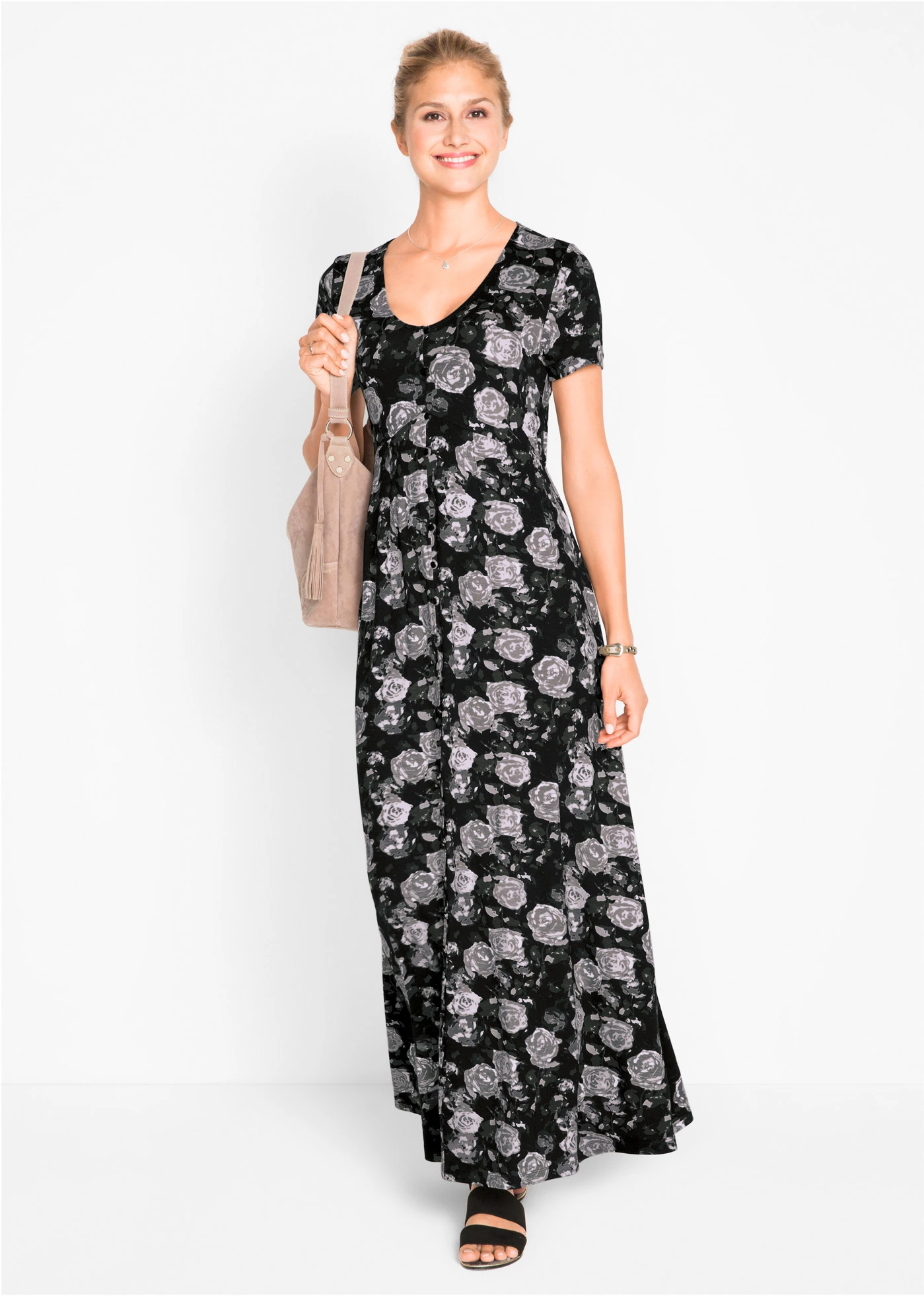 Rochie maxi din material fluid cu viscoză • negru înflorat • magazin bonprix