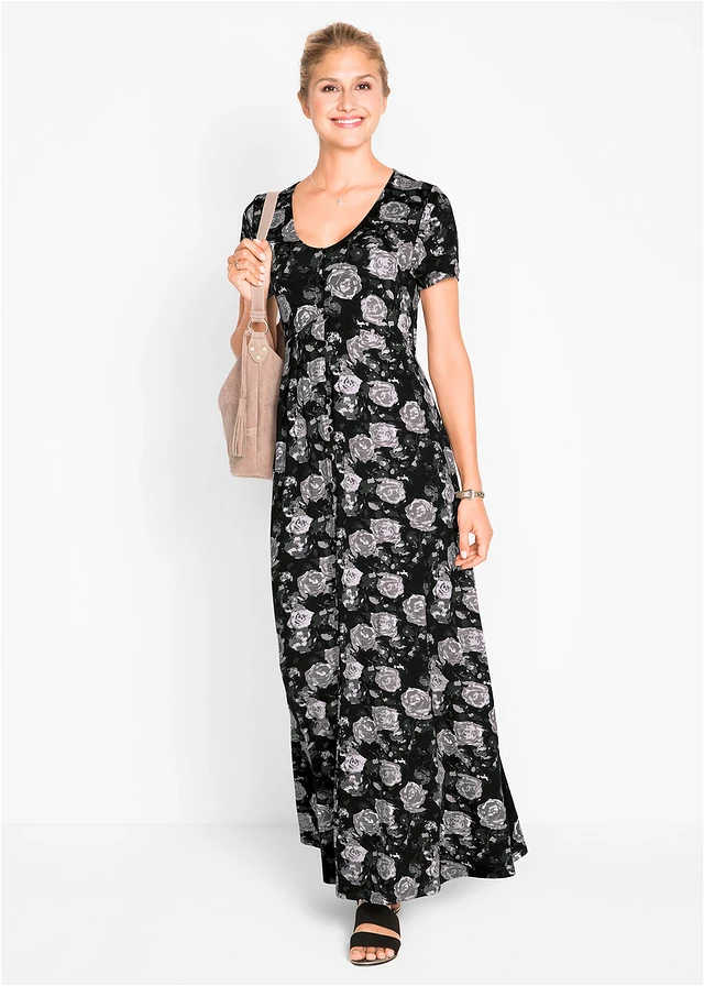 Robe longue et fluide en viscose extensible • noir floral • product-page.page-title-suffix