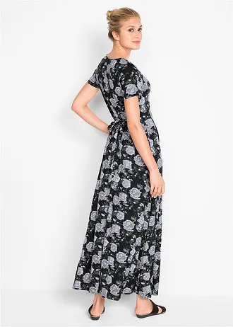 Maxi shirtjurk, korte mouw, Kleur: zwart - wit - mat zilverkleurig - licht olijfgroen - grijs - antraciet gebloemd