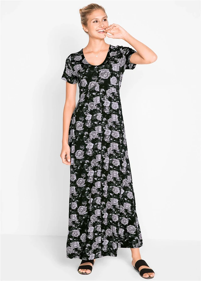 Robe longue et fluide en viscose extensible • noir floral • product-page.page-title-suffix