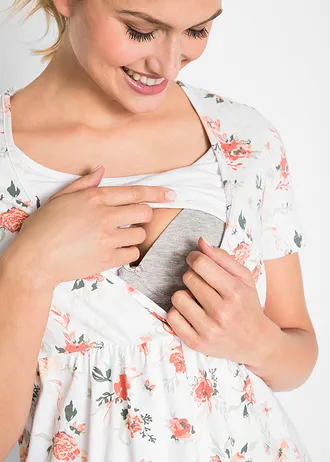 Shirt 2 w 1 ciążowy i do karmienia piersią, z bawełny organicznej • biały w kwiaty • sklep bonprix
