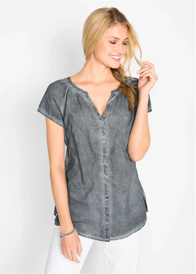 Cold dyed blouse van katoen, korte mouw, Kleur: rookgrijs