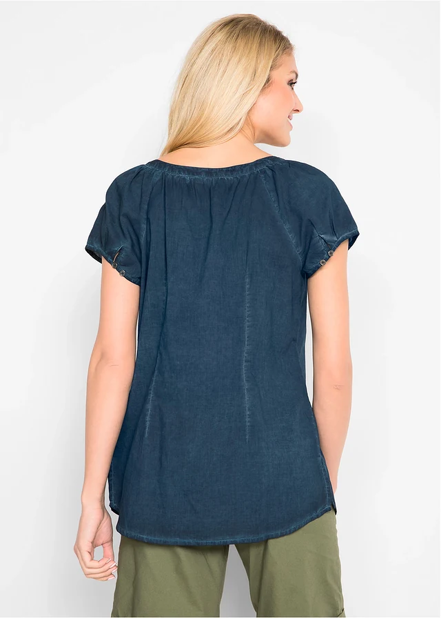 Cold dyed blouse van katoen, korte mouw, Kleur: donkerblauw