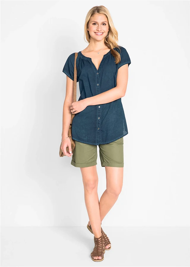 Cold dyed blouse van katoen, korte mouw, Kleur: donkerblauw