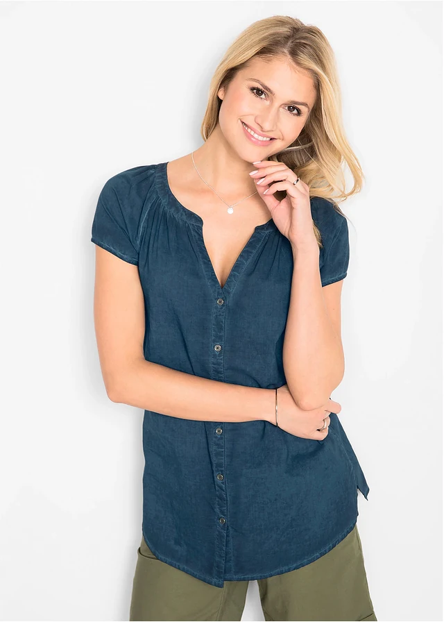 Cold dyed blouse van katoen, korte mouw, Kleur: donkerblauw
