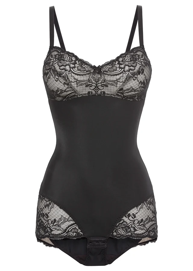 Licht corrigerende body met kant, Kleur: zwart-zandbeige