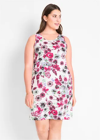 Jersey jurk (set van 2), Kleur: wolwit gebloemd+effen bessenrood