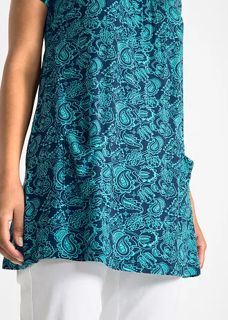Úpletová tunika s krátkým rukávem • tmavě modro-aqua s kašmírovým potiskem • bonprix obchod