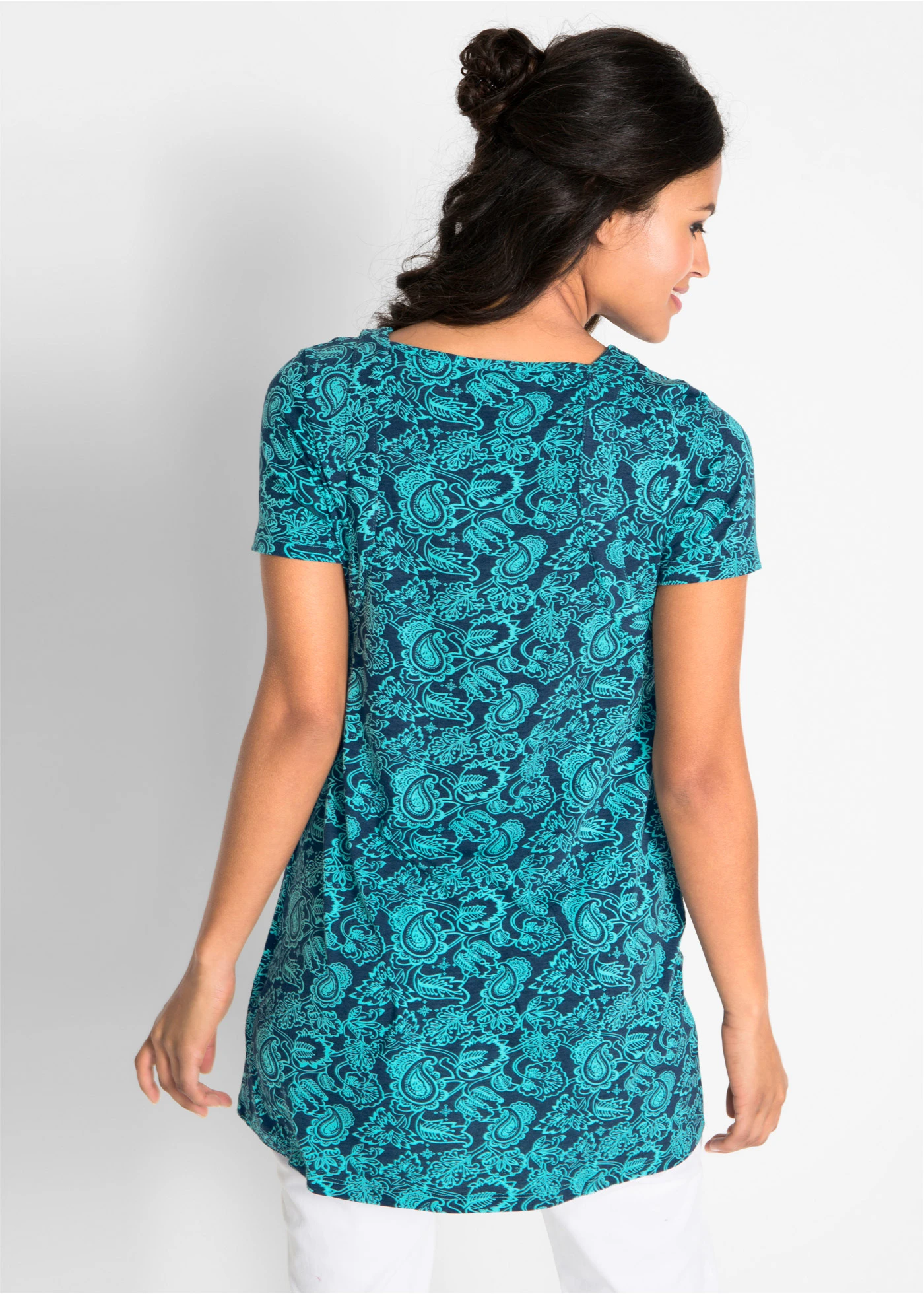 Úpletová tunika s krátkým rukávem • tmavě modro-aqua s kašmírovým potiskem • bonprix obchod