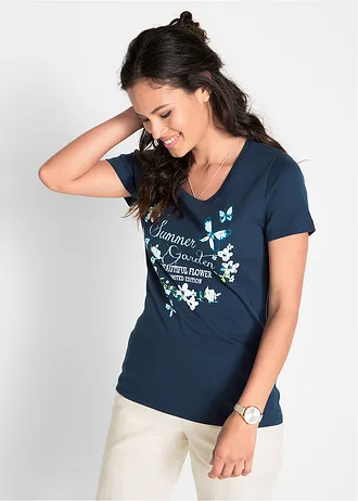 T-shirt coton, Couleur: bleu foncé imprimé