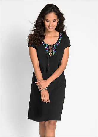 Rochie din jerse cu fir flamé din bumbac 100% • negru cu flori • magazin bonprix