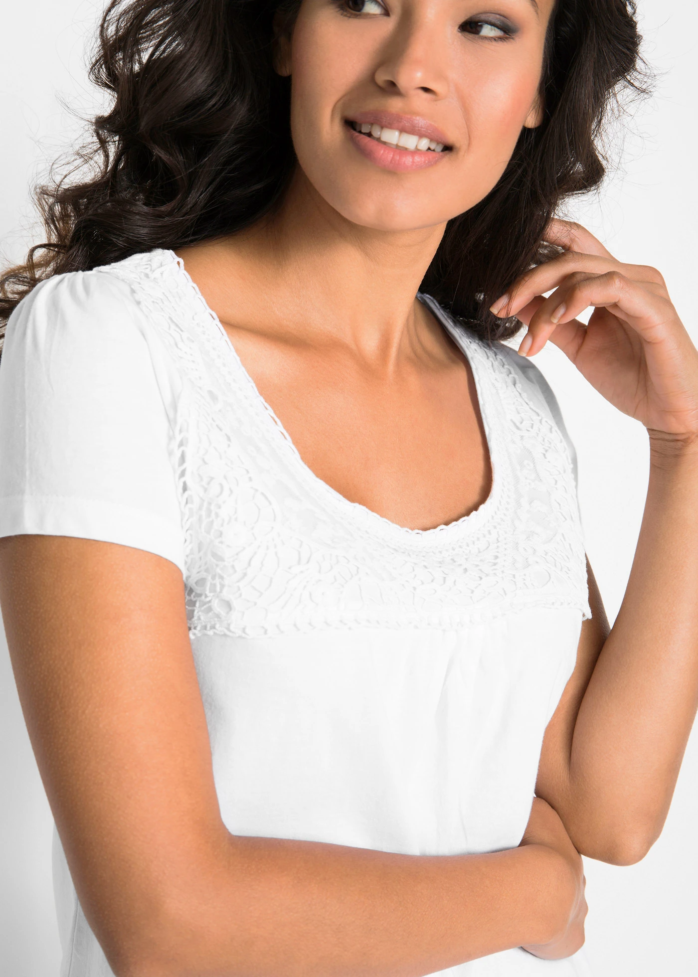 Koszulka bawełniana z koronką i krótkim rękawem • biały • sklep bonprix