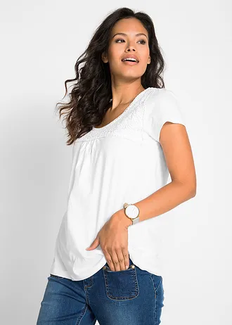 T-shirt coton et dentelle, manches courtes, Couleur: blanc