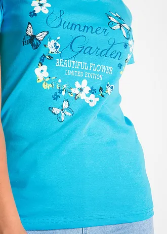 Koszulka bawełniana, krótki rękaw • niebieski karaibski z nadrukiem • sklep bonprix