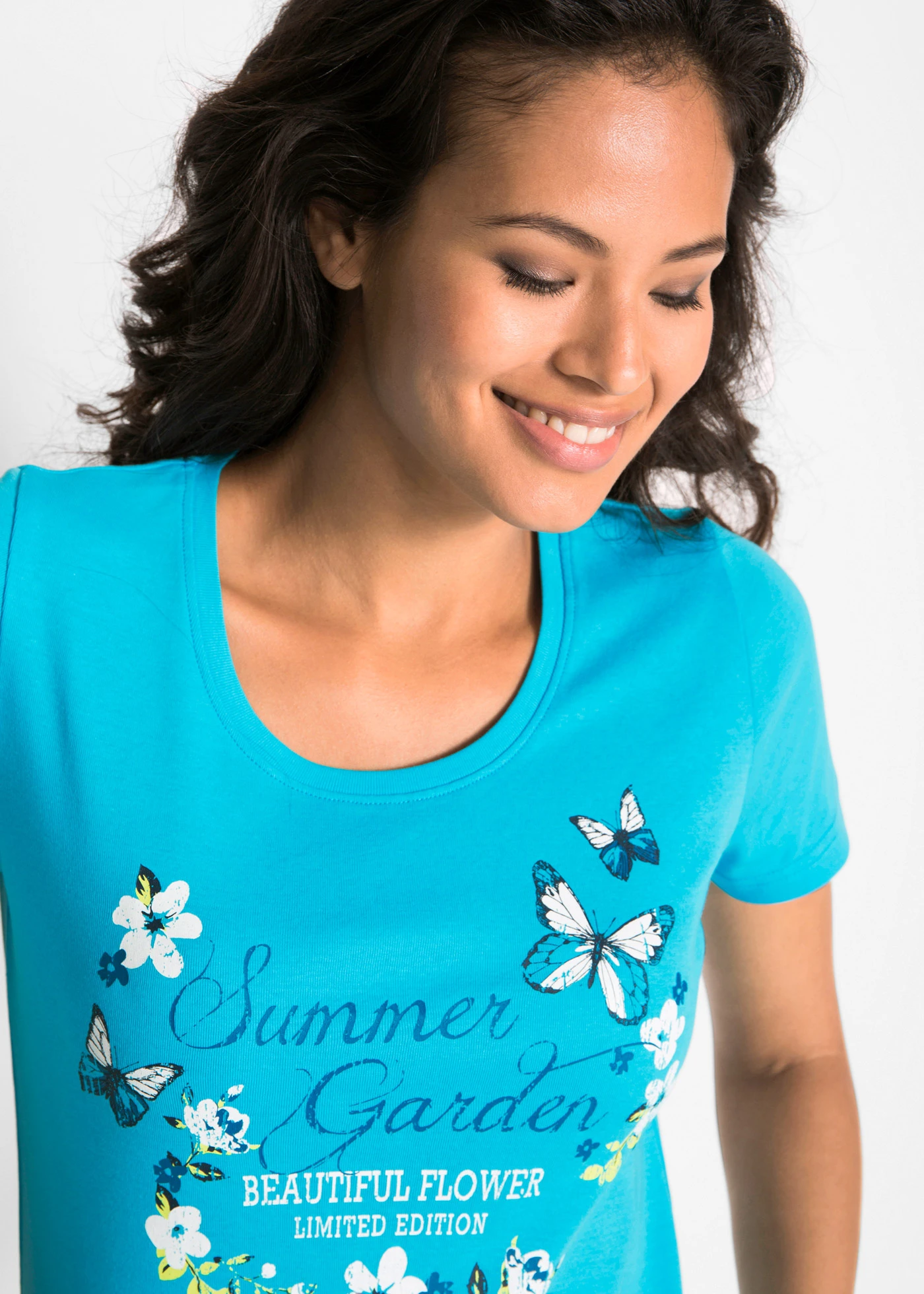 Koszulka bawełniana, krótki rękaw • niebieski karaibski z nadrukiem • sklep bonprix