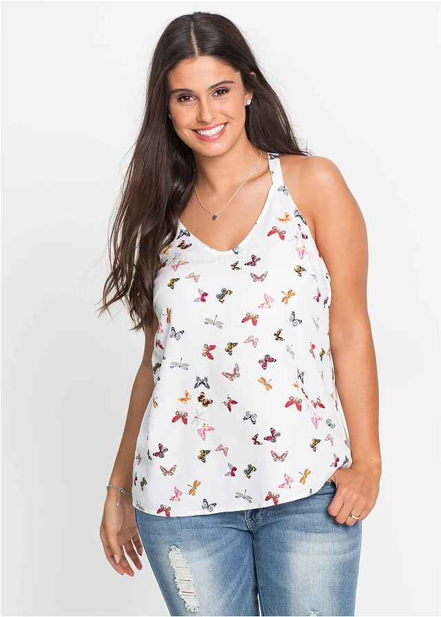 Blousetop van viscose, Kleur: wit gedessineerd