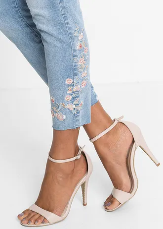 Jean skinny taille mi-haute, raccourci • bleu clair denim floral • Boutique bonprix