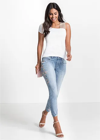 Skinny jeans mid waist, kort • lichtblauw denim gebloemd • bonprix online shop