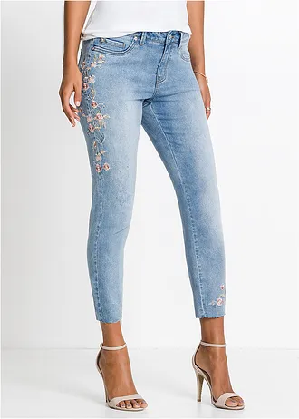 Blugi Skinny Mid Waist, mai scurți, culoare: bleu denim cu flori