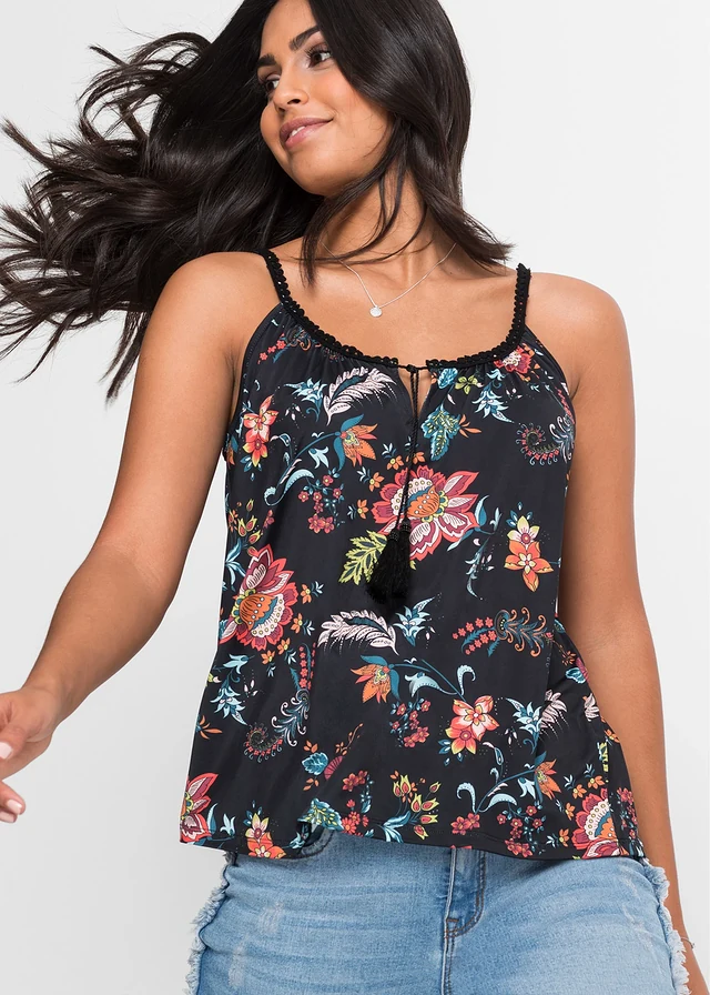 Top met spaghettibandjes • zwart gebloemd • product-page.page-title-suffix