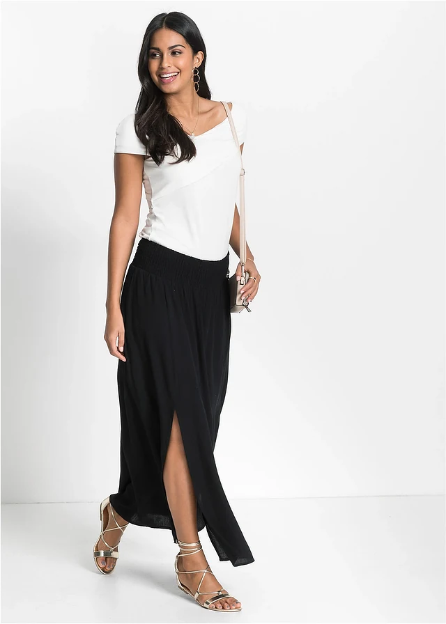Jupe longue en viscose fluide, Couleur: noir