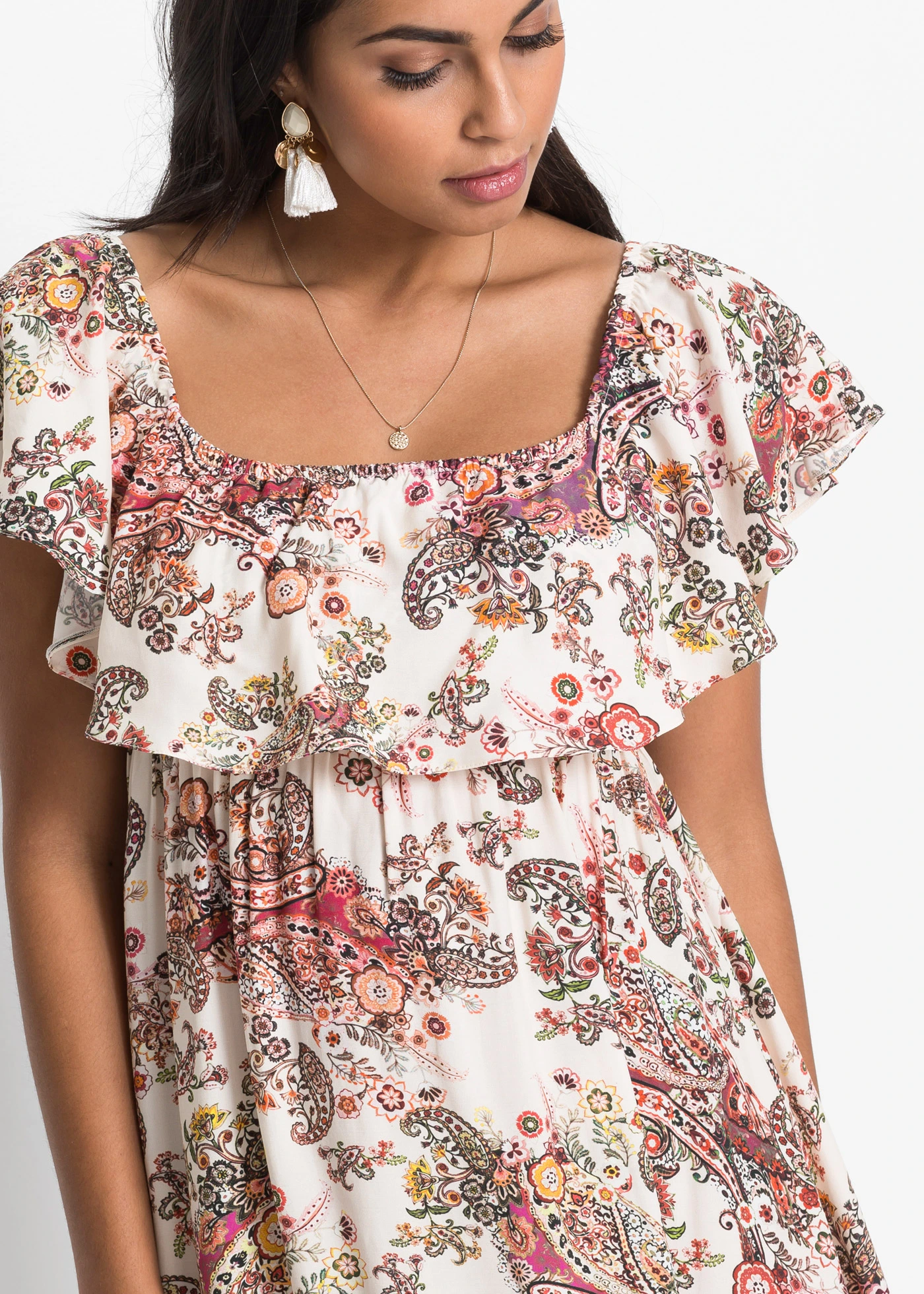 Šaty Carmen ze splývavé viskózy • béžová s kašmírovým vzorem • bonprix obchod