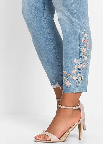 Jean skinny taille mi-haute, cropped, Couleur: bleu clair denim floral