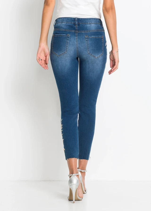 Skinny farmer, Mid Waist, rövidített • kék denim virágmintás • bonprix áruház
