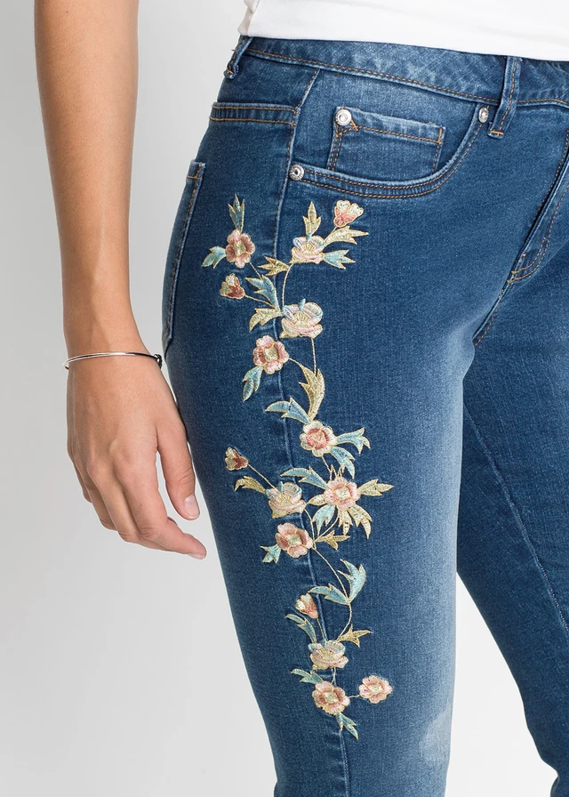 Skinny jeans mid waist, cropped • blauw denim gebloemd • product-page.page-title-suffix